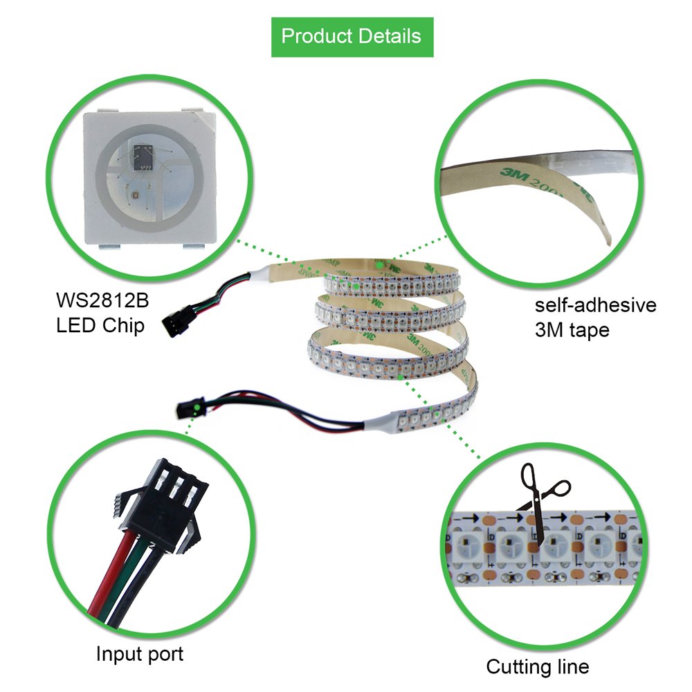 WS2812B DC5V Series Flexible LED Strip Lights, Programmable Pixel Full Color Chasing, Indoor Use, 144LEDs/m 1.64-6.56ft Per Reel By Sale